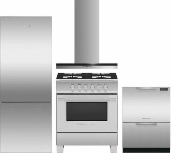 Fisher & Paykel 4 Piece Kitchen Appliances Package with Bottom Freezer Refrigerator, Gas Range and Dishwasher in Stainless Steel FPRERADWRH3027