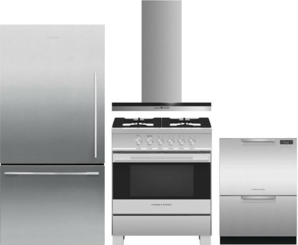 Fisher & Paykel 4 Piece Kitchen Appliances Package with Bottom Freezer Refrigerator, Gas Range and Dishwasher in Stainless Steel FPRERADWRH4210