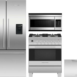 Fisher & Paykel 4 Piece Kitchen Appliances Package with French Door Refrigerator, Dual Fuel Range, Dishwasher and Over the Range Microwave in Stainles