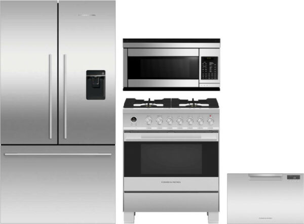 Fisher & Paykel 4 Piece Kitchen Appliances Package with French Door Refrigerator, Dual Fuel Range, Dishwasher and Over the Range Microwave in Stainles