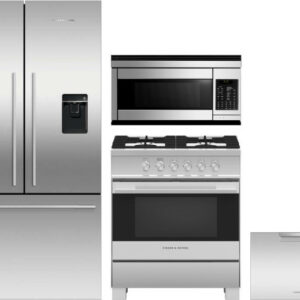 Fisher & Paykel 4 Piece Kitchen Appliances Package with French Door Refrigerator, Gas Range, Dishwasher and Over the Range Microwave in Stainless Stee