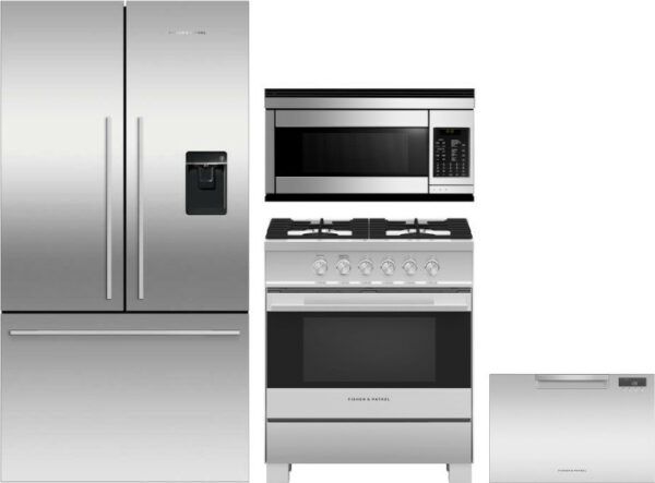 Fisher & Paykel 4 Piece Kitchen Appliances Package with French Door Refrigerator, Gas Range, Dishwasher and Over the Range Microwave in Stainless Stee