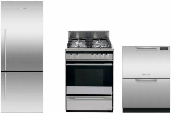 Fisher & Paykel Active Smart 3 Piece Kitchen Appliances Package with Bottom Freezer Refrigerator, Gas Range and Dishwasher in Stainless Steel FPRERADW