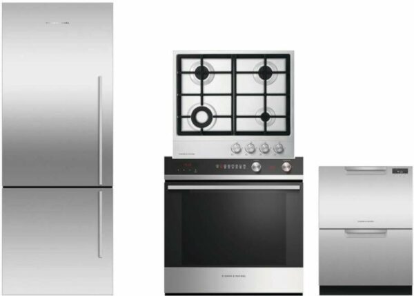 Fisher & Paykel Active Smart 4 Piece Kitchen Appliances Package with Bottom Freezer Refrigerator and Dishwasher in Stainless Steel FPRECTWODW130