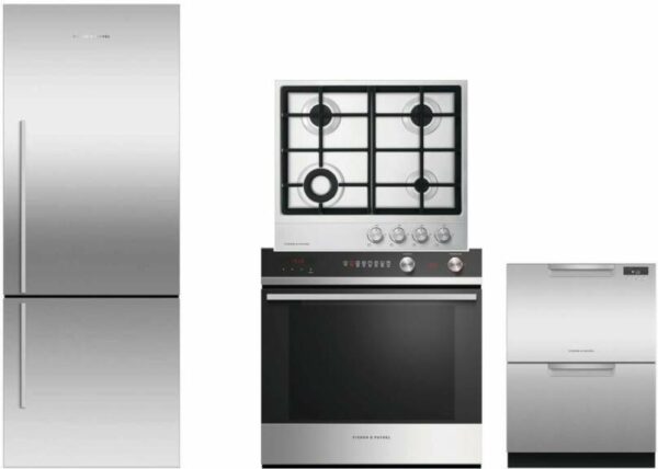 Fisher & Paykel Active Smart 4 Piece Kitchen Appliances Package with Bottom Freezer Refrigerator and Dishwasher in Stainless Steel FPRECTWODW133