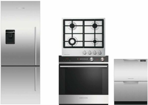 Fisher & Paykel Active Smart 4 Piece Kitchen Appliances Package with Bottom Freezer Refrigerator and Dishwasher in Stainless Steel FPRECTWODW140