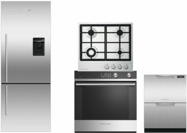 Fisher & Paykel Active Smart 4 Piece Kitchen Appliances Package with Bottom Freezer Refrigerator and Dishwasher in Stainless Steel FPRECTWODW47