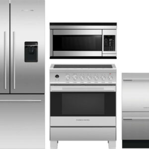 Fisher & Paykel Active Smart 4 Piece Kitchen Appliances Package with French Door Refrigerator, Electric Range, Dishwasher and Over the Range Microwave