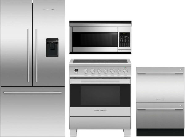 Fisher & Paykel Active Smart 4 Piece Kitchen Appliances Package with French Door Refrigerator, Electric Range, Dishwasher and Over the Range Microwave