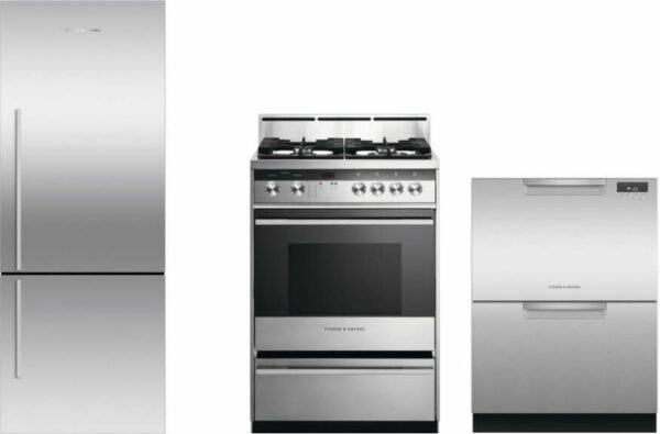 Fisher & Paykel Series 7 3 Piece Kitchen Appliances Package with Bottom Freezer Refrigerator, Gas Range and Dishwasher in Stainless Steel FPRERADW44