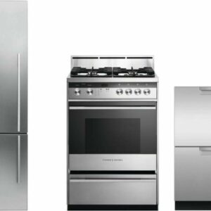 Fisher & Paykel Series 7 3 Piece Kitchen Appliances Package with Bottom Freezer Refrigerator, Gas Range and Dishwasher in Stainless Steel FPRERADW45