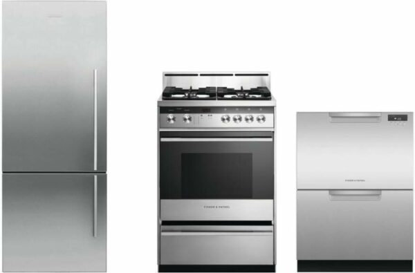 Fisher & Paykel Series 7 3 Piece Kitchen Appliances Package with Bottom Freezer Refrigerator, Gas Range and Dishwasher in Stainless Steel FPRERADW45