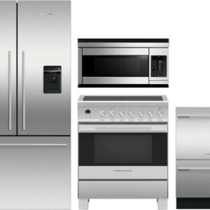 Fisher & Paykel Series 7 4 Piece Kitchen Appliances Package with French Door Refrigerator, Electric Range, Dishwasher and Over the Range Microwave in