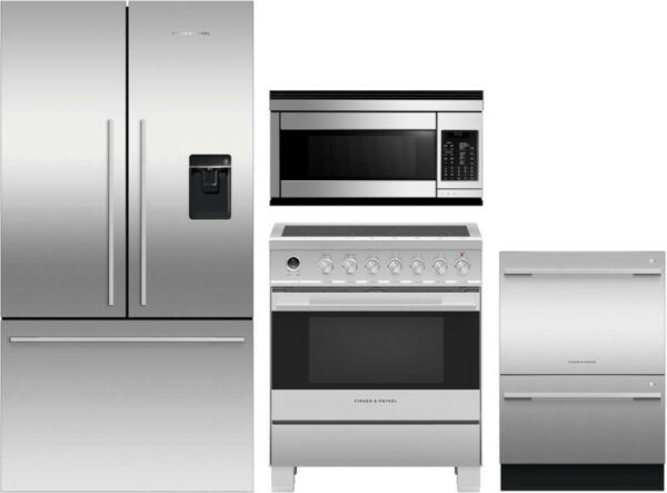 Fisher & Paykel Series 7 4 Piece Kitchen Appliances Package with French Door Refrigerator, Electric Range, Dishwasher and Over the Range Microwave in