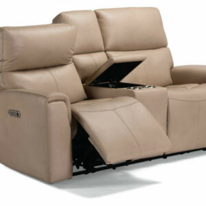 Flexsteel Jarvis Parchment Leather Power Reclining Loveseat With Console & Power Headrests