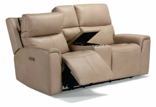 Flexsteel Jarvis Parchment Leather Power Reclining Loveseat With Console & Power Headrests