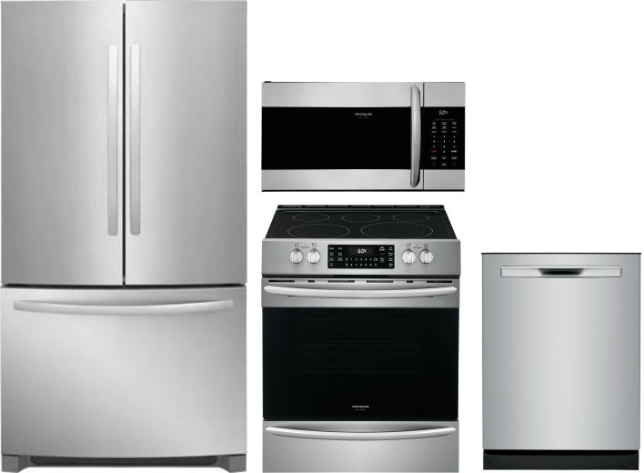 Frigidaire Gallery 4 Piece Kitchen Appliances Package with French Door Refrigerator, Electric Range, Dishwasher and Over the Range Microwave in Stainl