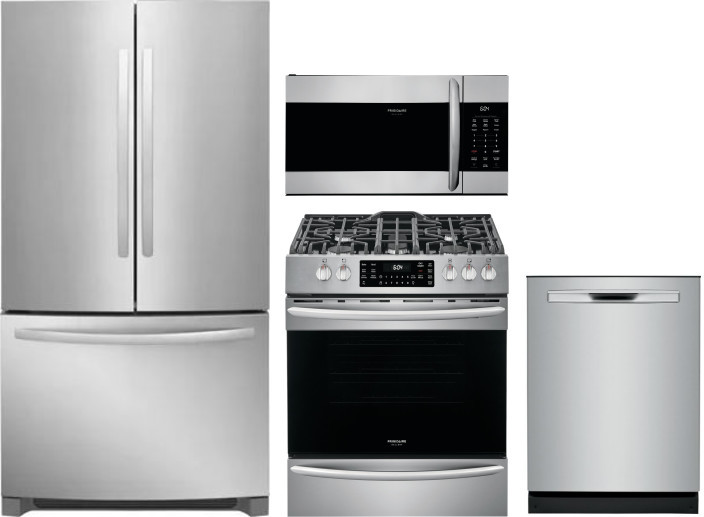 Frigidaire Gallery 4 Piece Kitchen Appliances Package with French Door Refrigerator, Gas Range, Dishwasher and Over the Range Microwave in Stainless S