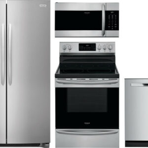 Frigidaire Gallery 4 Piece Kitchen Appliances Package with Side-by-Side Refrigerator, Electric Range, Dishwasher and Over the Range Microwave in Stain