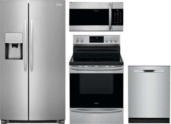 Frigidaire Gallery 4 Piece Kitchen Appliances Package with Side-by-Side Refrigerator, Electric Range, Dishwasher and Over the Range Microwave in Stain