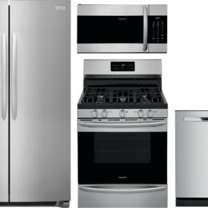 Frigidaire Gallery 4 Piece Kitchen Appliances Package with Side-by-Side Refrigerator, Gas Range, Dishwasher and Over the Range Microwave in Stainless