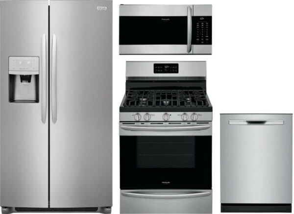 Frigidaire Gallery 4 Piece Kitchen Appliances Package with Side-by-Side Refrigerator, Gas Range, Dishwasher and Over the Range Microwave in Stainless