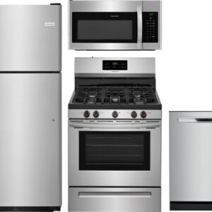 Frigidaire Gallery 4 Piece Kitchen Appliances Package with Top Freezer Refrigerator, Gas Range, Dishwasher and Over the Range Microwave in Stainless S