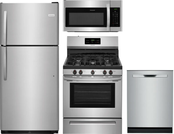 Frigidaire Gallery 4 Piece Kitchen Appliances Package with Top Freezer Refrigerator, Gas Range, Dishwasher and Over the Range Microwave in Stainless S