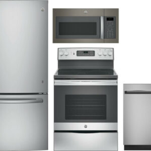 GE 4 Piece Kitchen Appliances Package with Bottom Freezer Refrigerator, Electric Range, Dishwasher and Over the Range Microwave in Stainless Steel GER