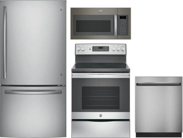 GE 4 Piece Kitchen Appliances Package with Bottom Freezer Refrigerator, Electric Range, Dishwasher and Over the Range Microwave in Stainless Steel GER