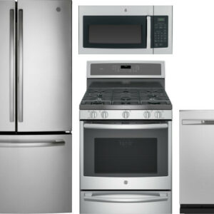 GE 4 Piece Kitchen Appliances Package with French Door Refrigerator, Dual Fuel Range, Dishwasher and Over the Range Microwave in Stainless Steel GERER