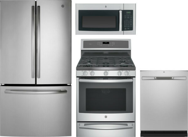 GE 4 Piece Kitchen Appliances Package with French Door Refrigerator, Dual Fuel Range, Dishwasher and Over the Range Microwave in Stainless Steel GERER