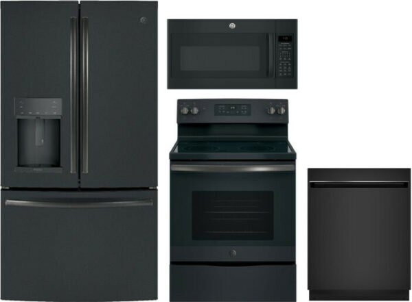 GE 4 Piece Kitchen Appliances Package with French Door Refrigerator, Electric Range, Dishwasher and Over the Range Microwave in Black Slate GERERADWMW