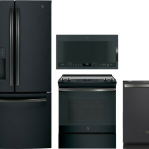 GE 4 Piece Kitchen Appliances Package with French Door Refrigerator, Electric Range, Dishwasher and Over the Range Microwave in Black Slate GERERAMWDW