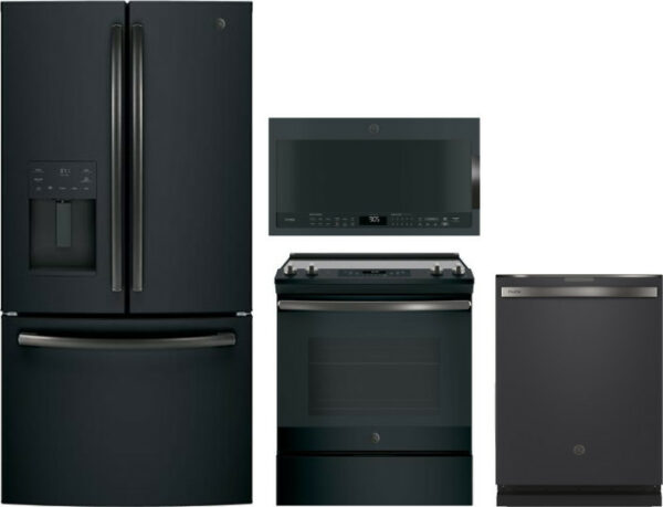 GE 4 Piece Kitchen Appliances Package with French Door Refrigerator, Electric Range, Dishwasher and Over the Range Microwave in Black Slate GERERAMWDW