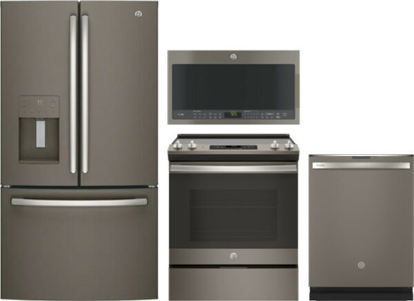 GE 4 Piece Kitchen Appliances Package with French Door Refrigerator, Electric Range, Dishwasher and Over the Range Microwave in Slate GERERAMWDW1126