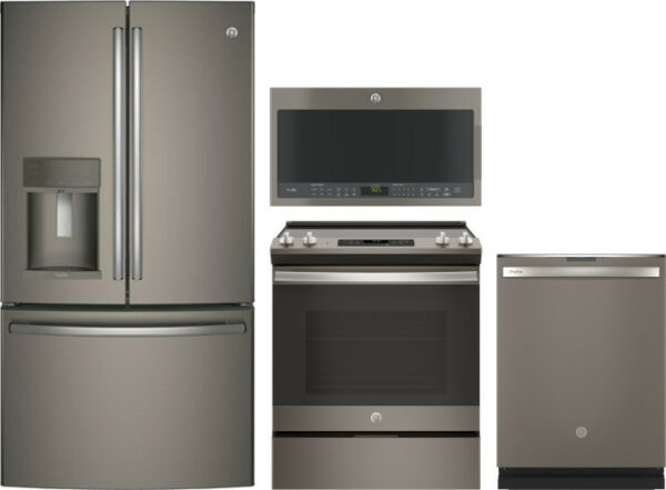 GE 4 Piece Kitchen Appliances Package with French Door Refrigerator, Electric Range, Dishwasher and Over the Range Microwave in Slate GERERAMWDW2126