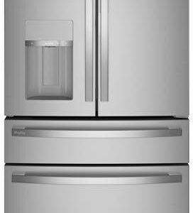 GE 4 Piece Kitchen Appliances Package with French Door Refrigerator, Electric Range, Dishwasher and Over the Range Microwave in Stainless Steel GEREER