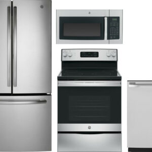 GE 4 Piece Kitchen Appliances Package with French Door Refrigerator, Electric Range, Over the Range Microwave and Dishwasher in Stainless Steel GERERA