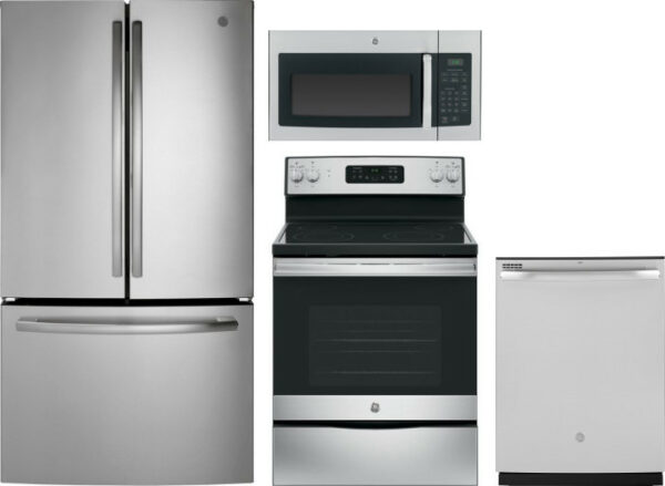 GE 4 Piece Kitchen Appliances Package with French Door Refrigerator, Electric Range, Over the Range Microwave and Dishwasher in Stainless Steel GERERA