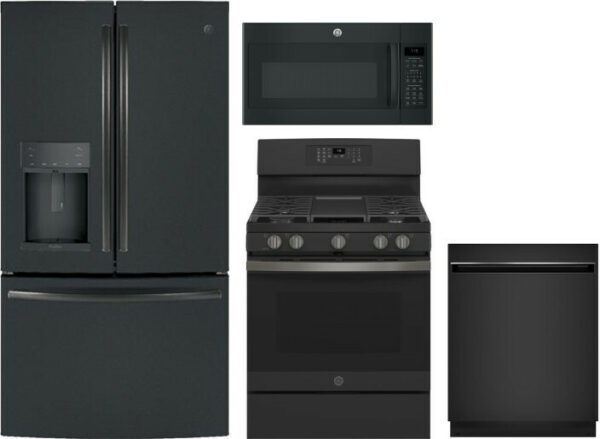 GE 4 Piece Kitchen Appliances Package with French Door Refrigerator, Gas Range, Dishwasher and Over the Range Microwave in Black Slate GERERADWMW3319