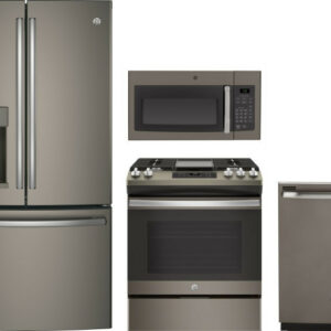 GE 4 Piece Kitchen Appliances Package with French Door Refrigerator, Gas Range, Dishwasher and Over the Range Microwave in Slate GERERADWMW6902