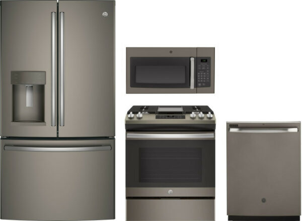 GE 4 Piece Kitchen Appliances Package with French Door Refrigerator, Gas Range, Dishwasher and Over the Range Microwave in Slate GERERADWMW6902