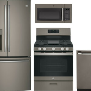 GE 4 Piece Kitchen Appliances Package with French Door Refrigerator, Gas Range, Dishwasher and Over the Range Microwave in Slate GERERADWMW6904