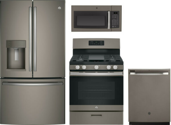 GE 4 Piece Kitchen Appliances Package with French Door Refrigerator, Gas Range, Dishwasher and Over the Range Microwave in Slate GERERADWMW6904