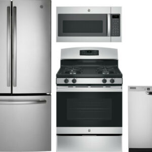 GE 4 Piece Kitchen Appliances Package with French Door Refrigerator, Gas Range, Dishwasher and Over the Range Microwave in Stainless Steel GERERADWMW3