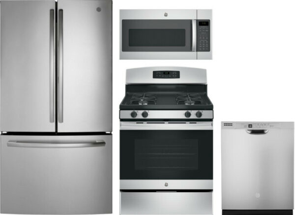 GE 4 Piece Kitchen Appliances Package with French Door Refrigerator, Gas Range, Dishwasher and Over the Range Microwave in Stainless Steel GERERADWMW3