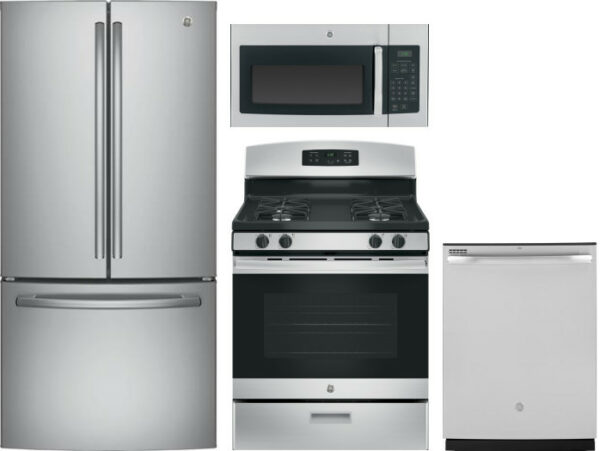 GE 4 Piece Kitchen Appliances Package with French Door Refrigerator, Gas Range, Dishwasher and Over the Range Microwave in Stainless Steel GERERADWMW4