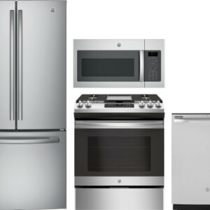 GE 4 Piece Kitchen Appliances Package with French Door Refrigerator, Gas Range, Dishwasher and Over the Range Microwave in Stainless Steel GERERADWMW5