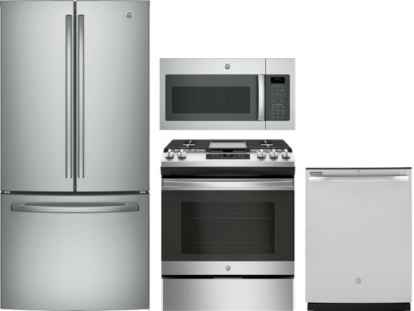 GE 4 Piece Kitchen Appliances Package with French Door Refrigerator, Gas Range, Dishwasher and Over the Range Microwave in Stainless Steel GERERADWMW5